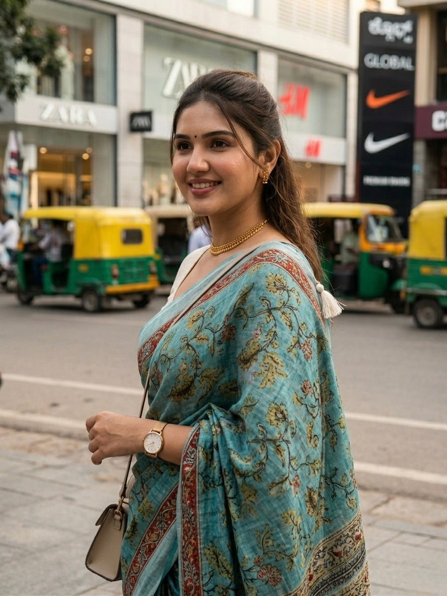 Aqua Blue Classic Linen Kalamkari
