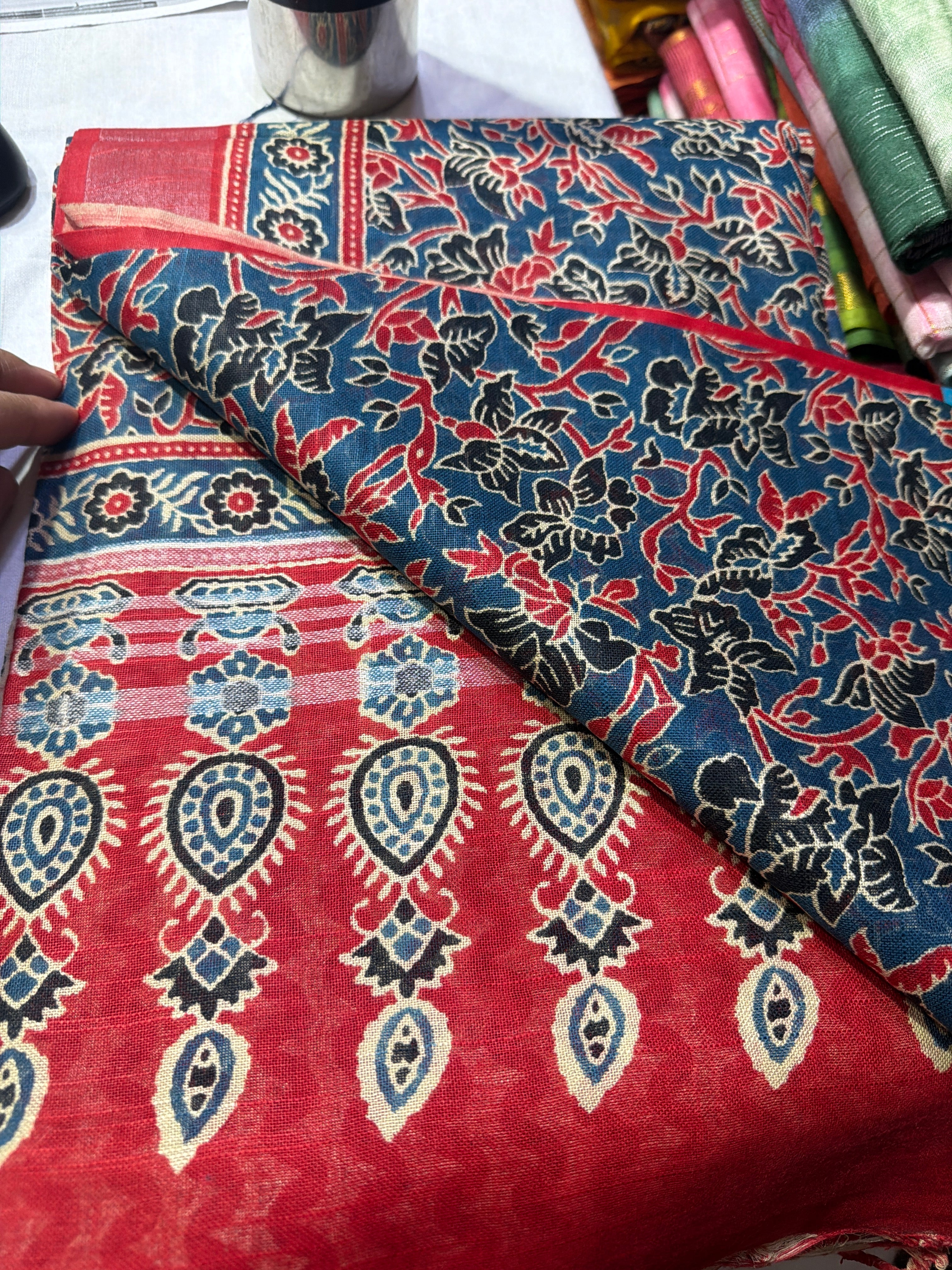 Cotton Line Ajrakh Blue Red Jal