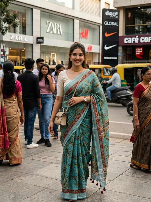 Aqua Blue Classic Linen Kalamkari