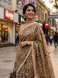 Creme Digital Pen Pushp Mayuri Kalamkari Pure Linen Saree