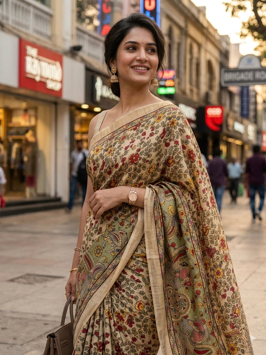 Creme Digital Pen Pushp Mayuri Kalamkari Pure Linen Saree
