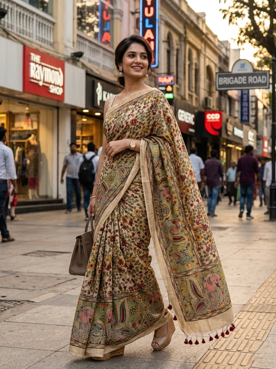 Creme Digital Pen Pushp Mayuri Kalamkari Pure Linen Saree