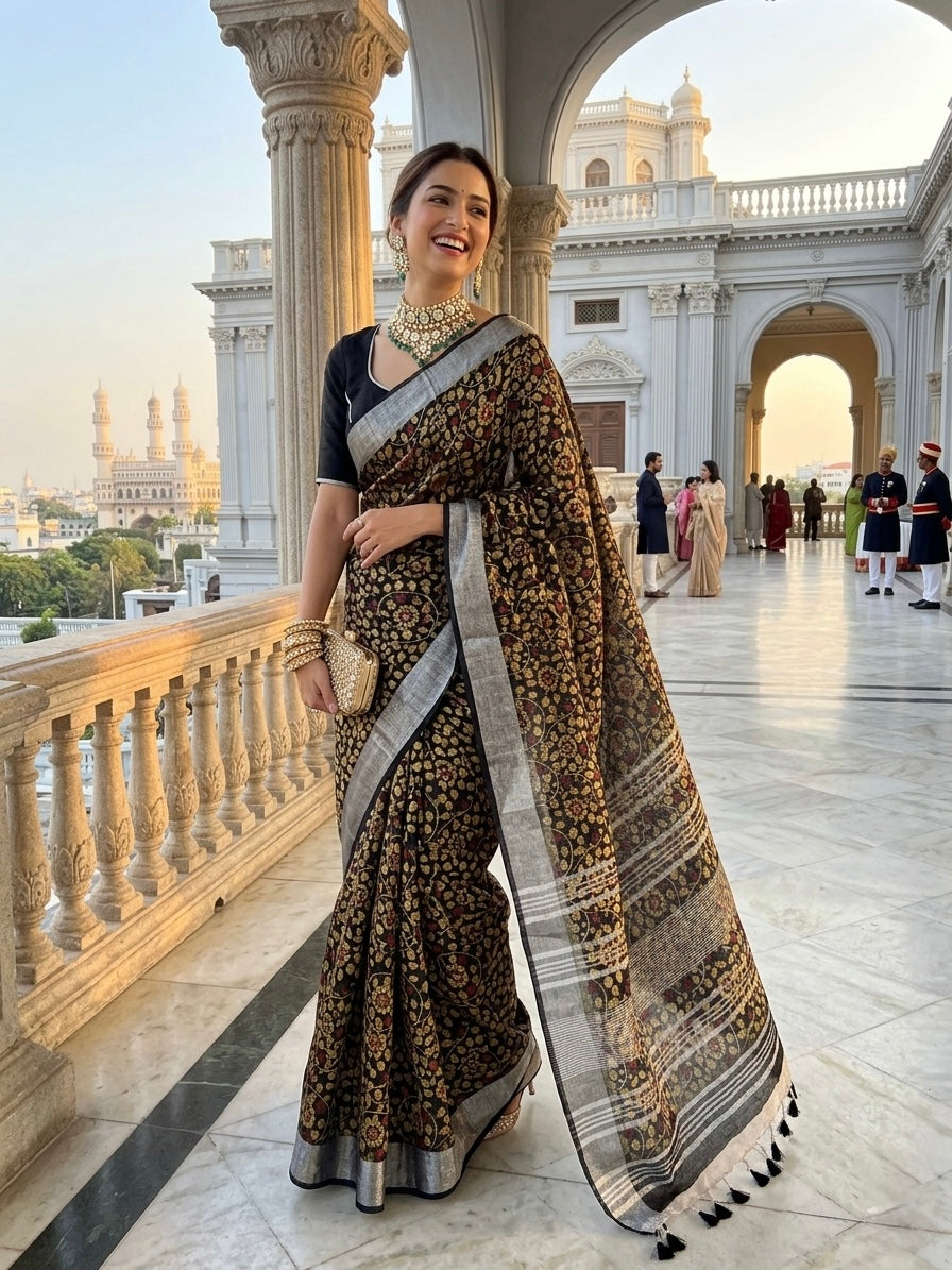 Zet Black Linen Kalamkari Saree