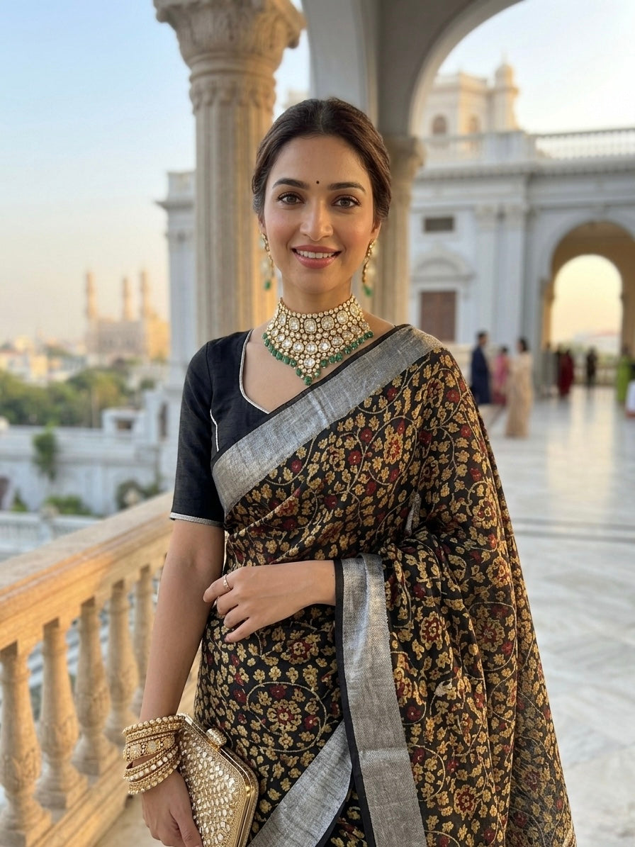 Zet Black Linen Kalamkari Saree