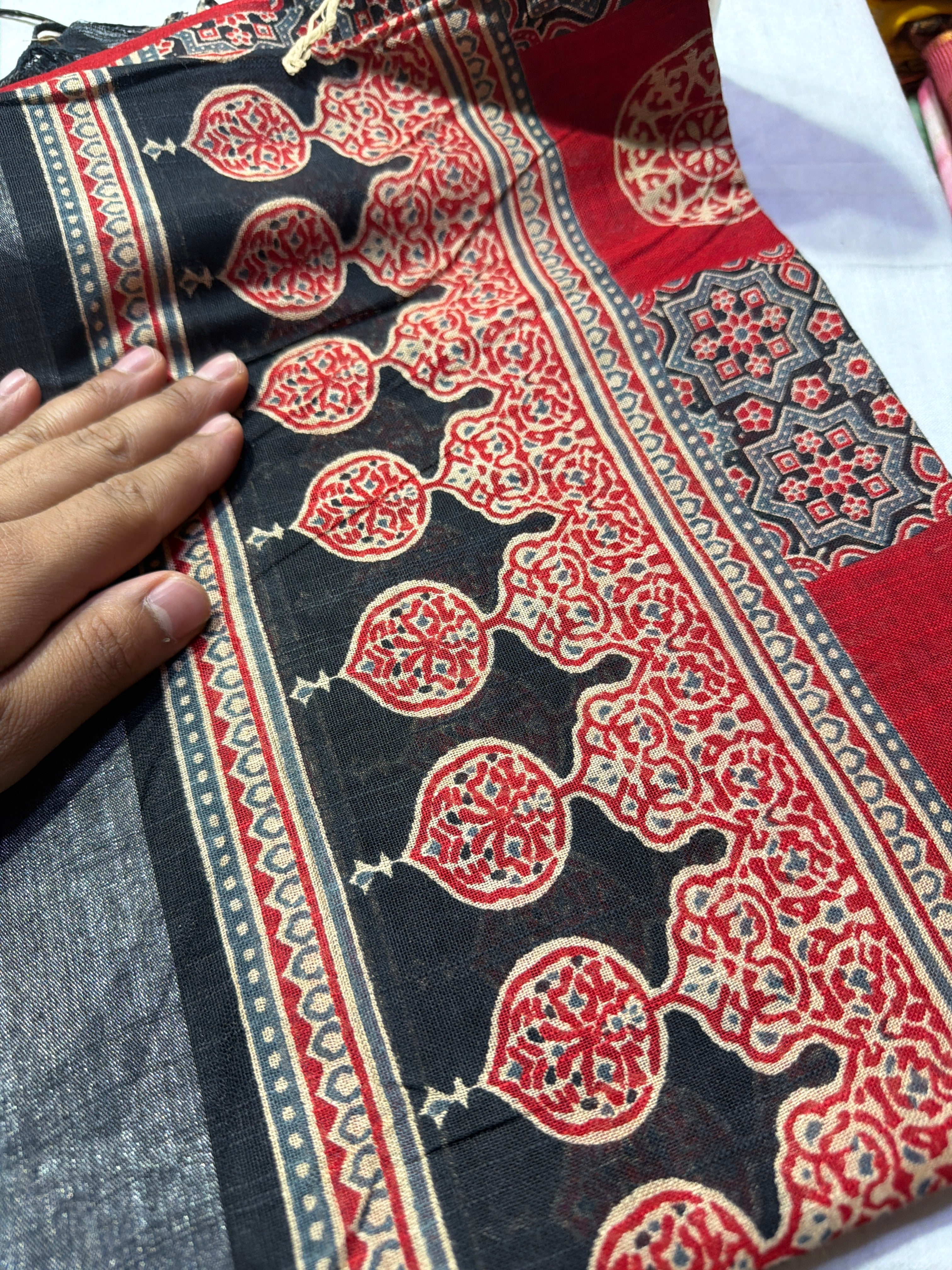 Cotton Linen Ajrakh Printed Circle BLock Boota Saree