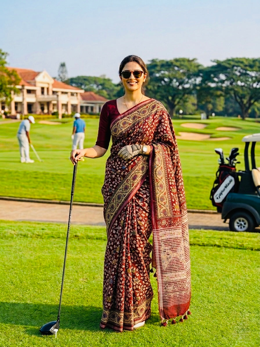 Stunning Maroon Kalamkari Linen Saree