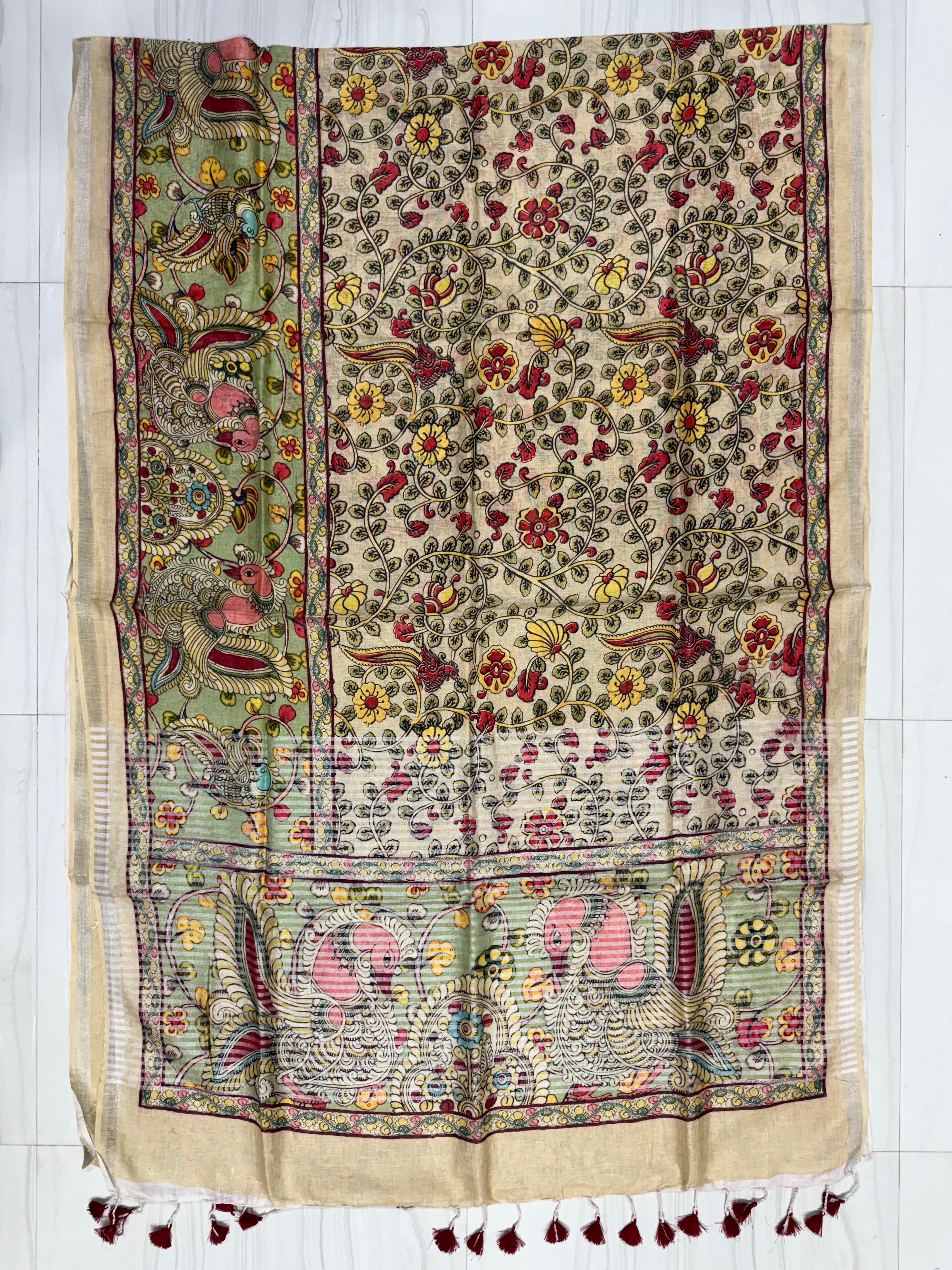 Creme Digital Pen Pushp Mayuri Kalamkari Pure Linen Saree