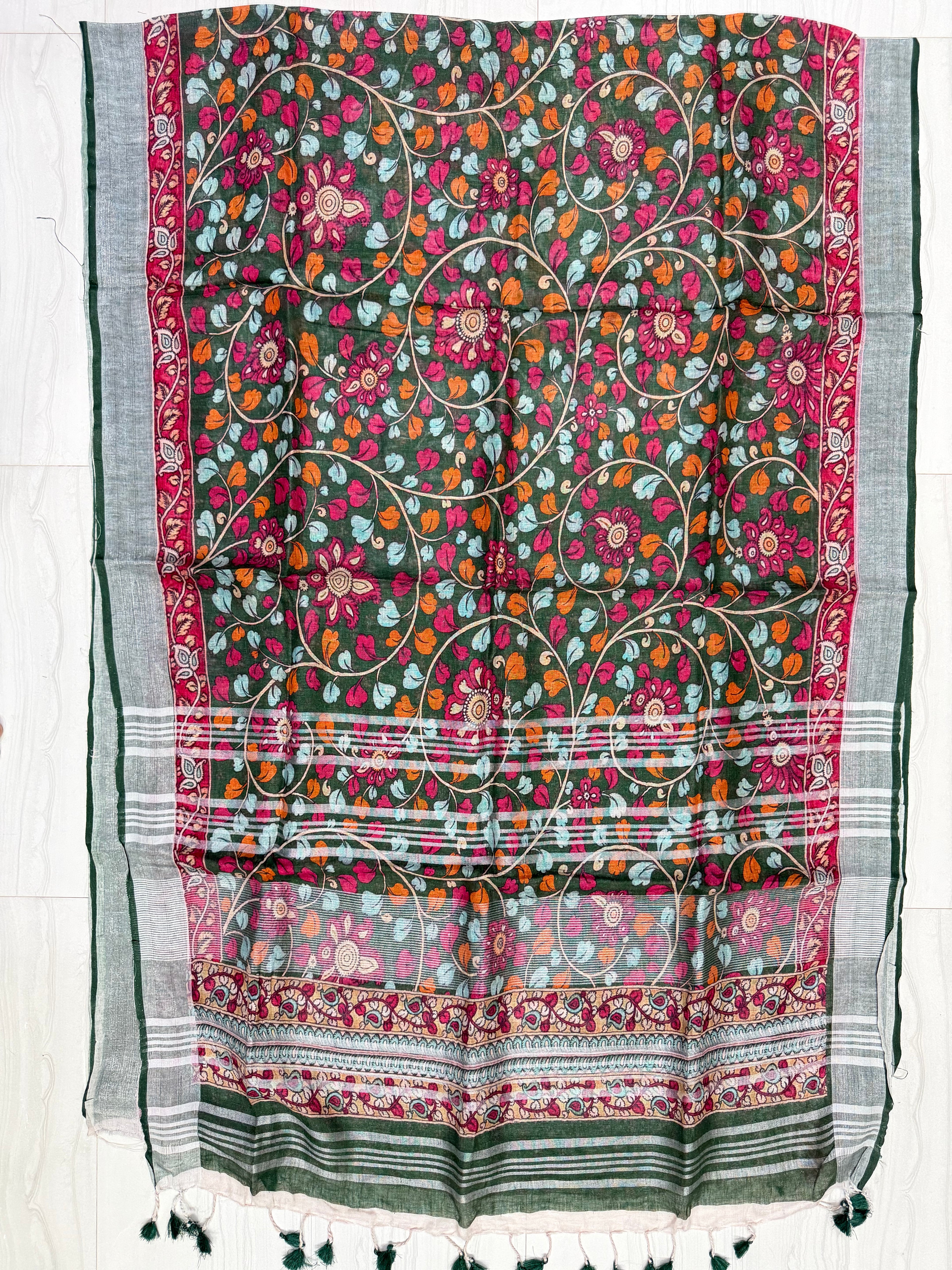 Bottle Green Digital Floral Pen Kalamari Linen Saree