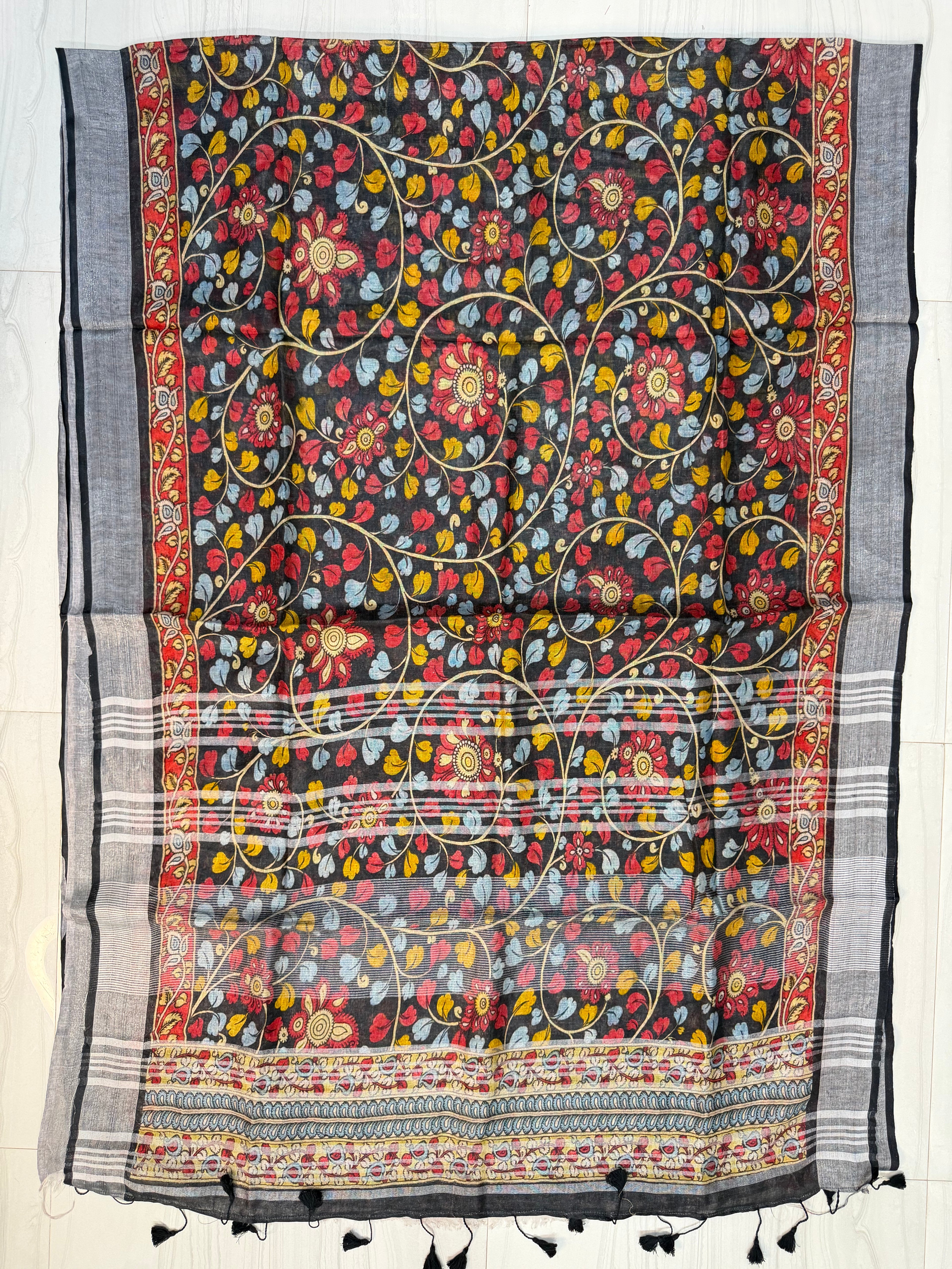 Vibrant Navy Blue Pen Kalamkari Linen Saree