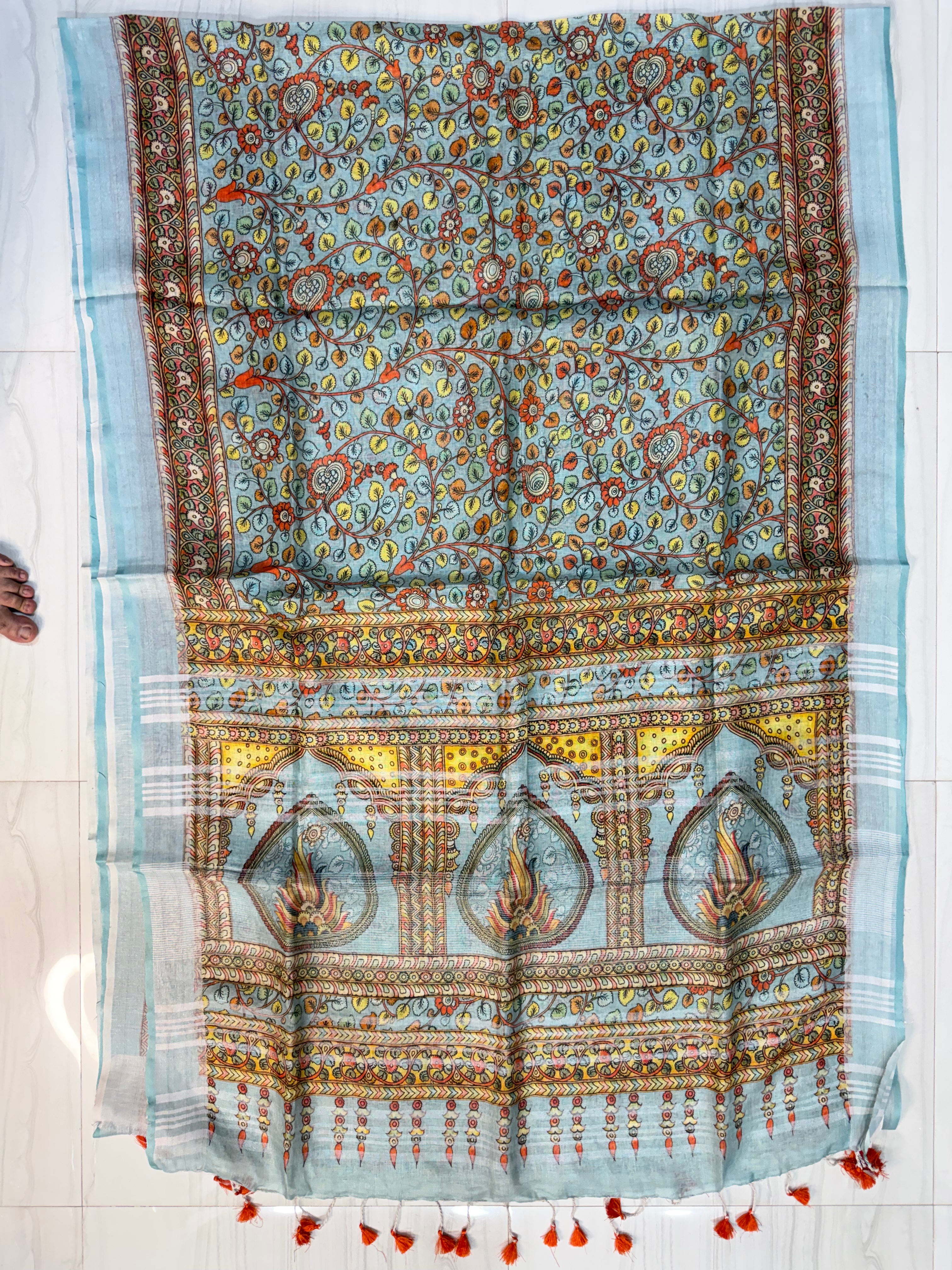 Linen Pastel Sky Shade Pen Kalamkari Saree