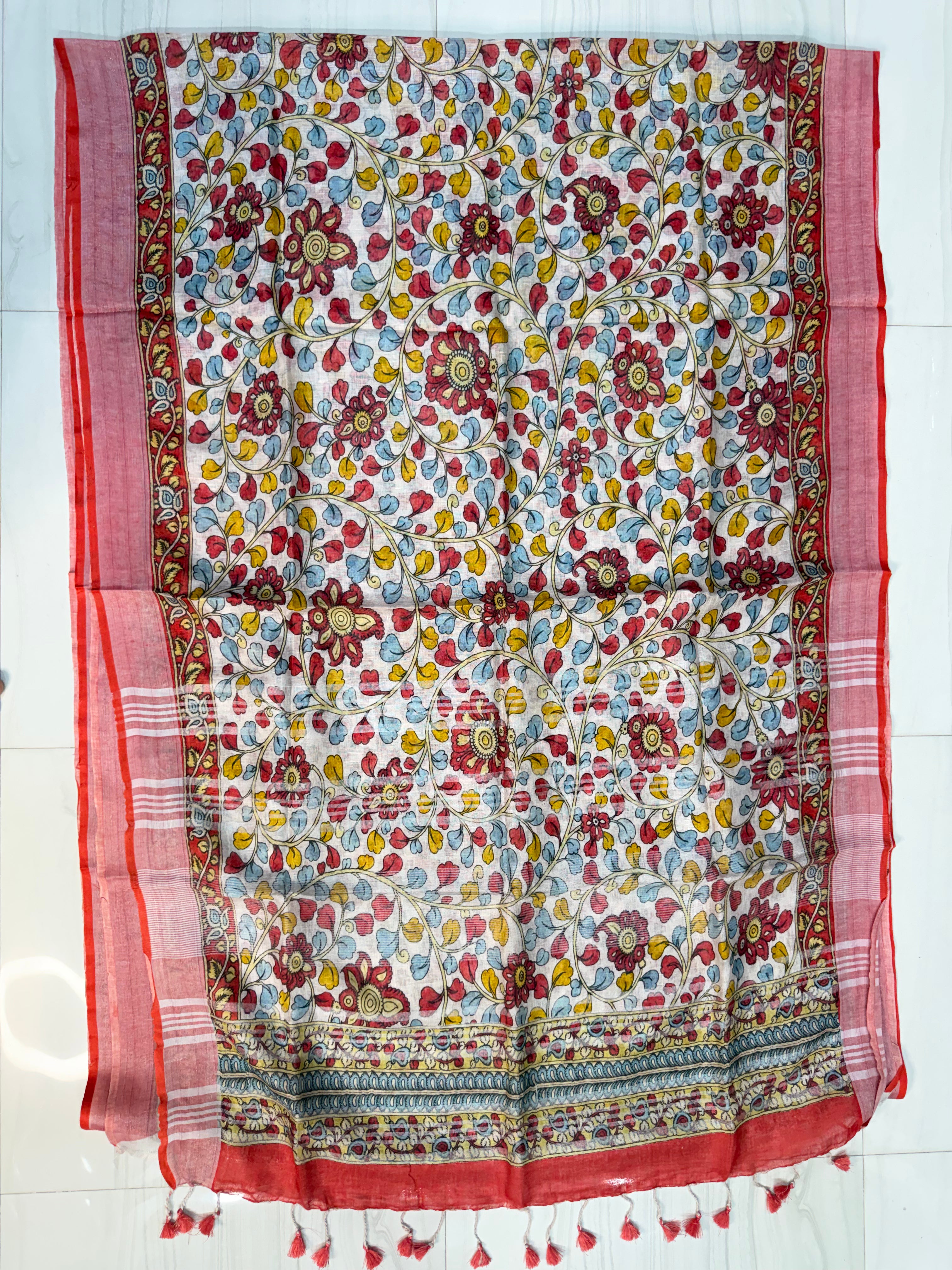 Elegant Creme Color Linen Kalamkari