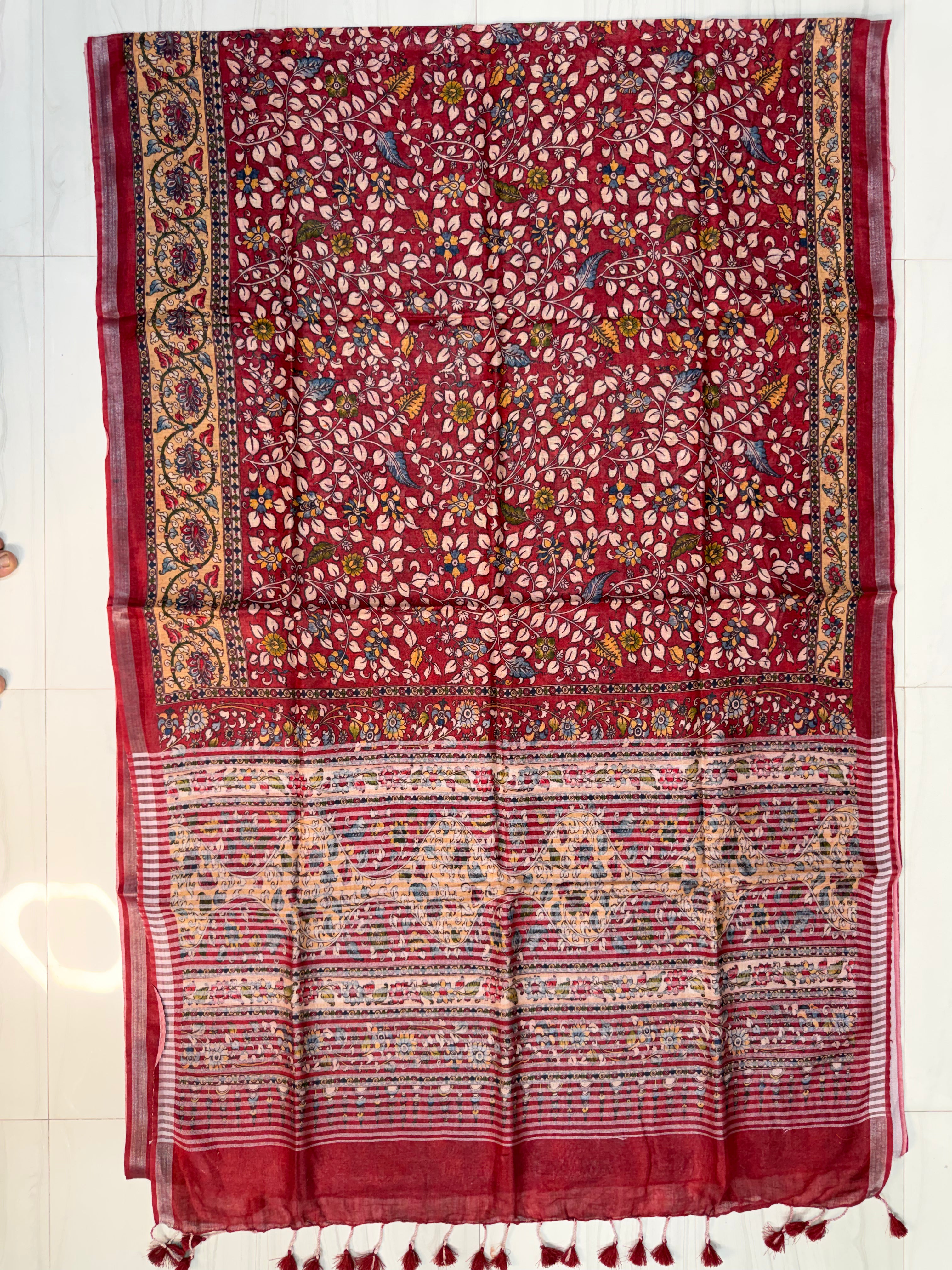 Stunning Maroon Kalamkari Linen Saree
