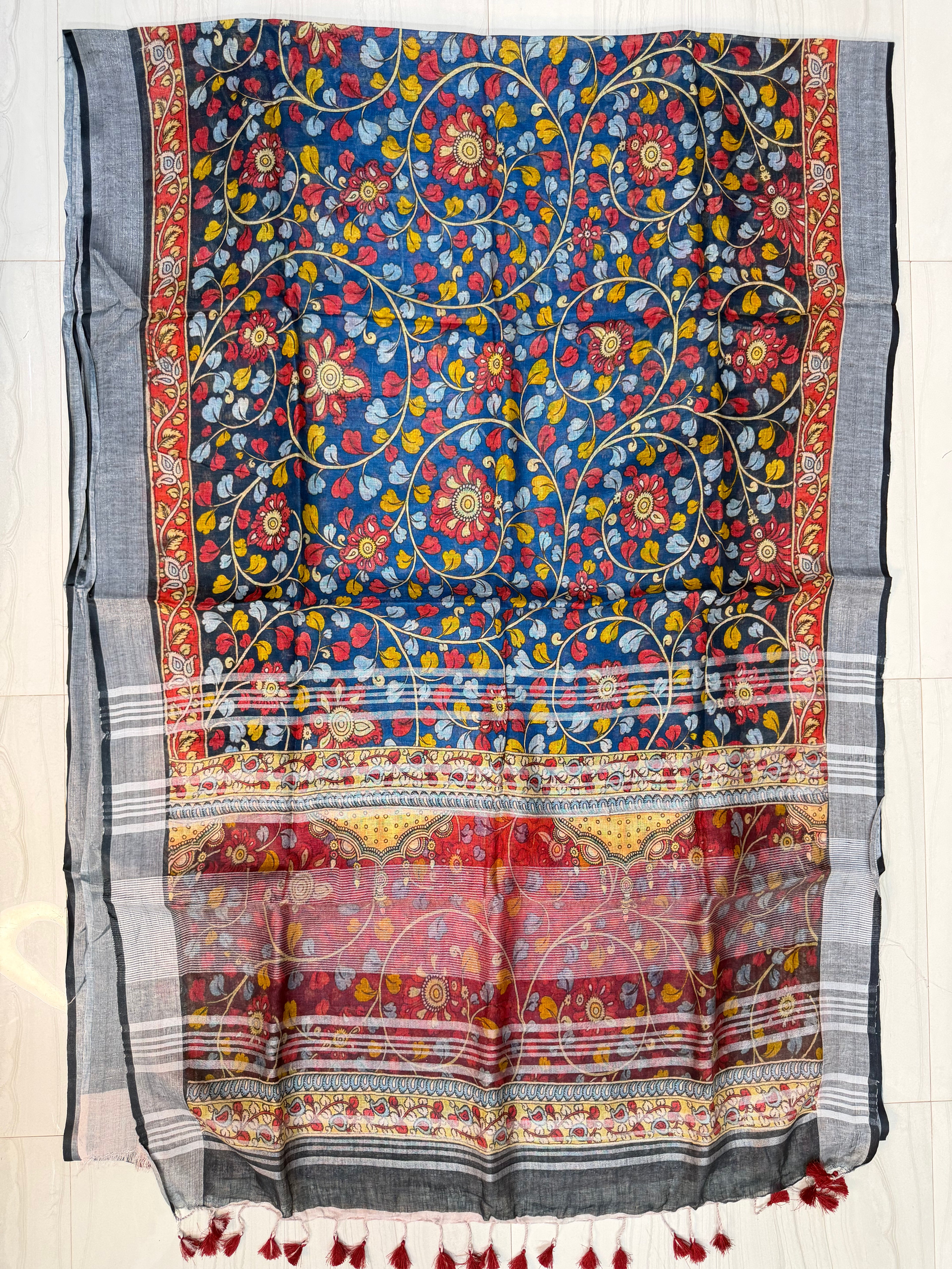 Elegant Navy Blue Linen Kalamkari