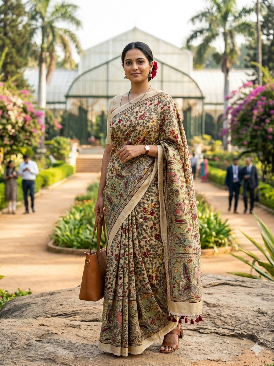 Creme Digital Pen Pushp Mayuri Kalamkari Pure Linen Saree