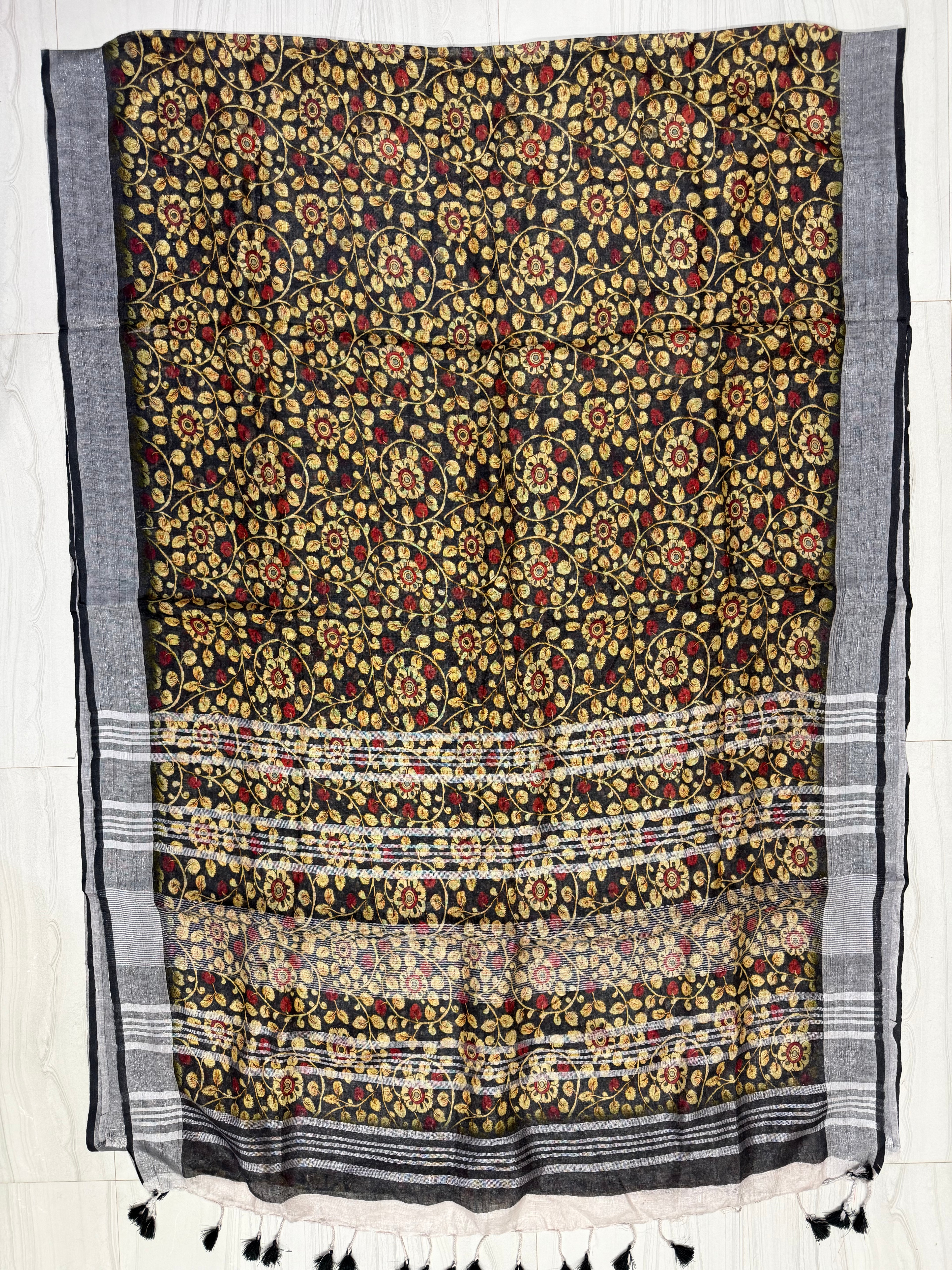 Zet Black Linen Kalamkari Saree
