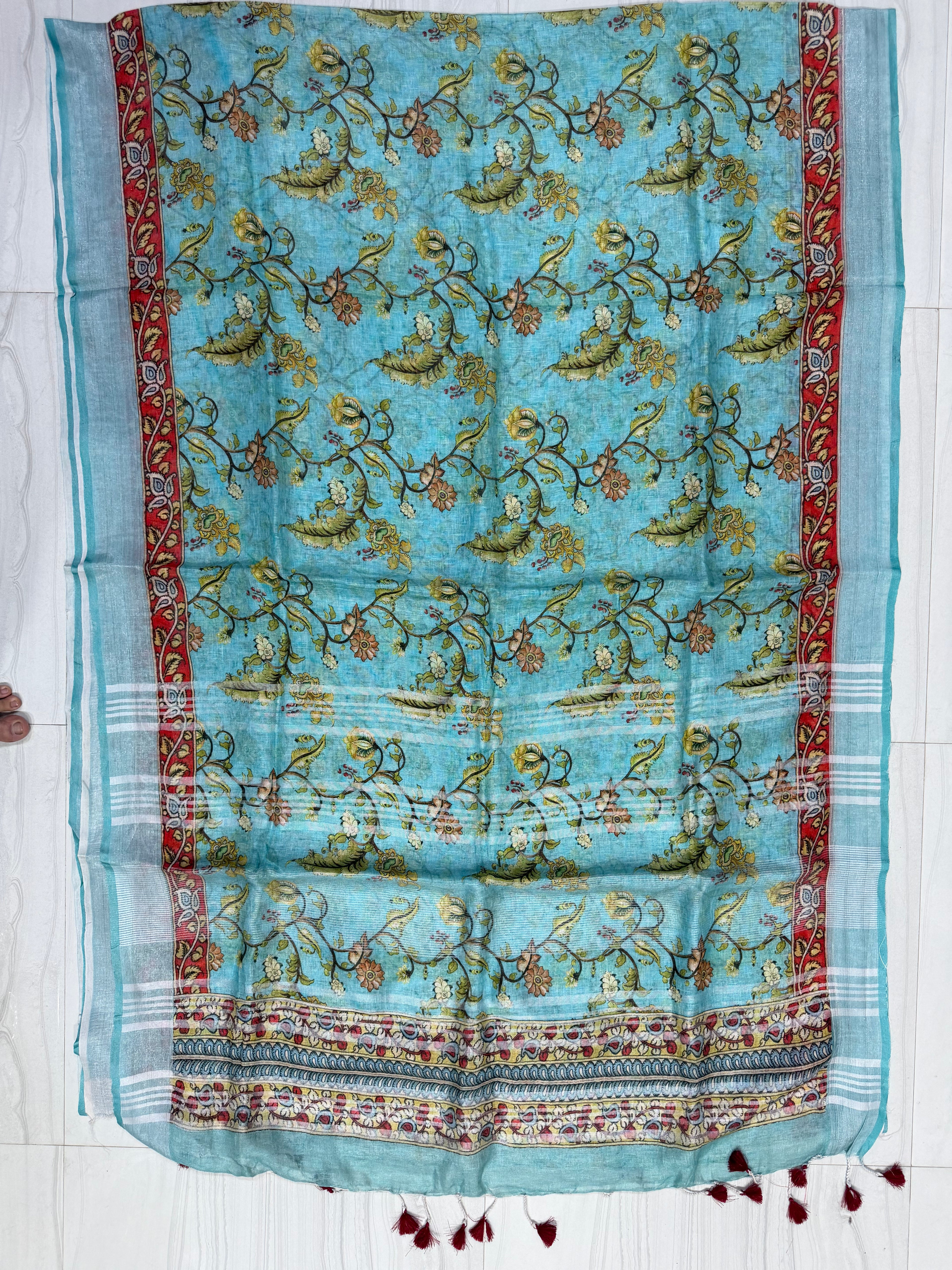 Aqua Blue Classic Linen Kalamkari