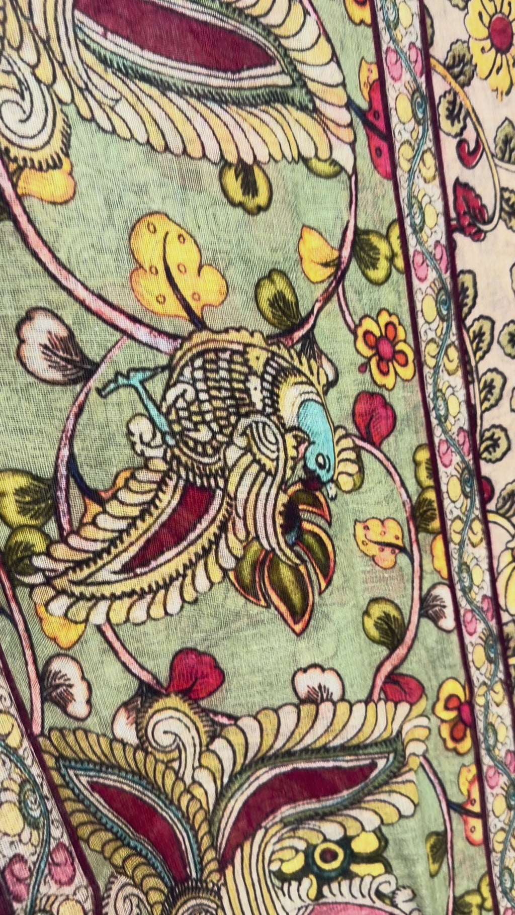 Creme Digital Pen Pushp Mayuri Kalamkari Pure Linen Saree