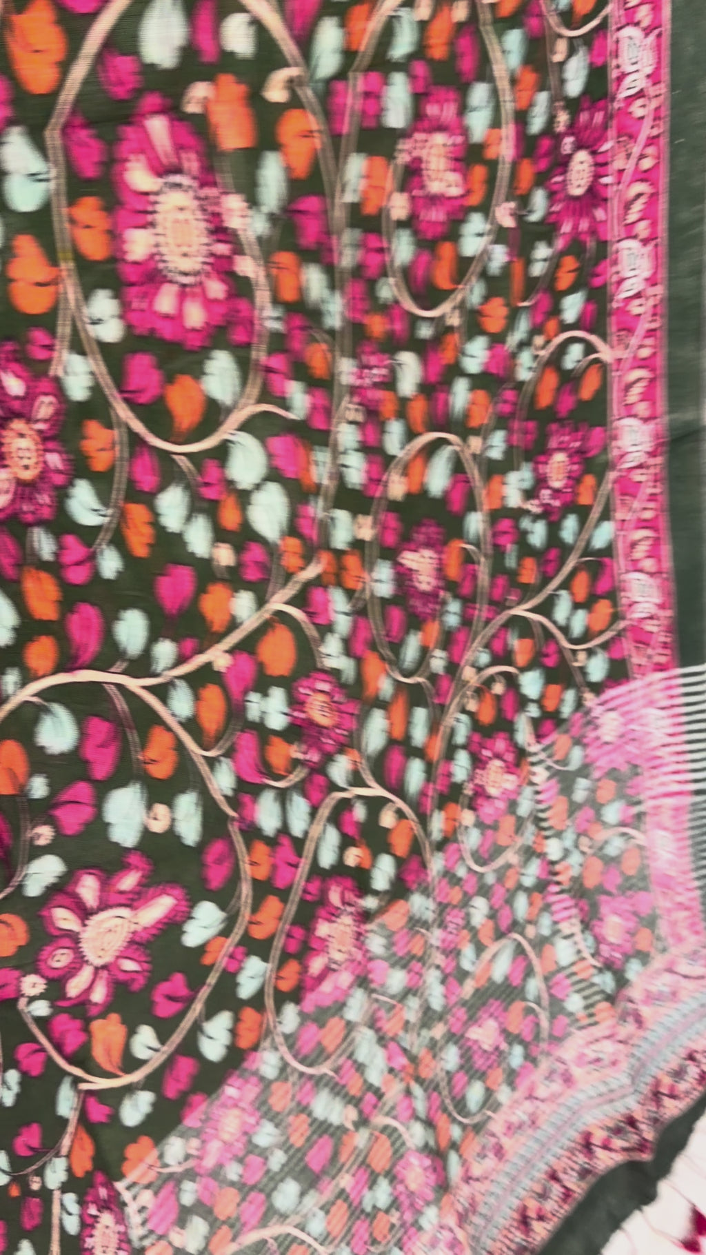 Bottle Green Digital Floral Pen Kalamari Linen Saree