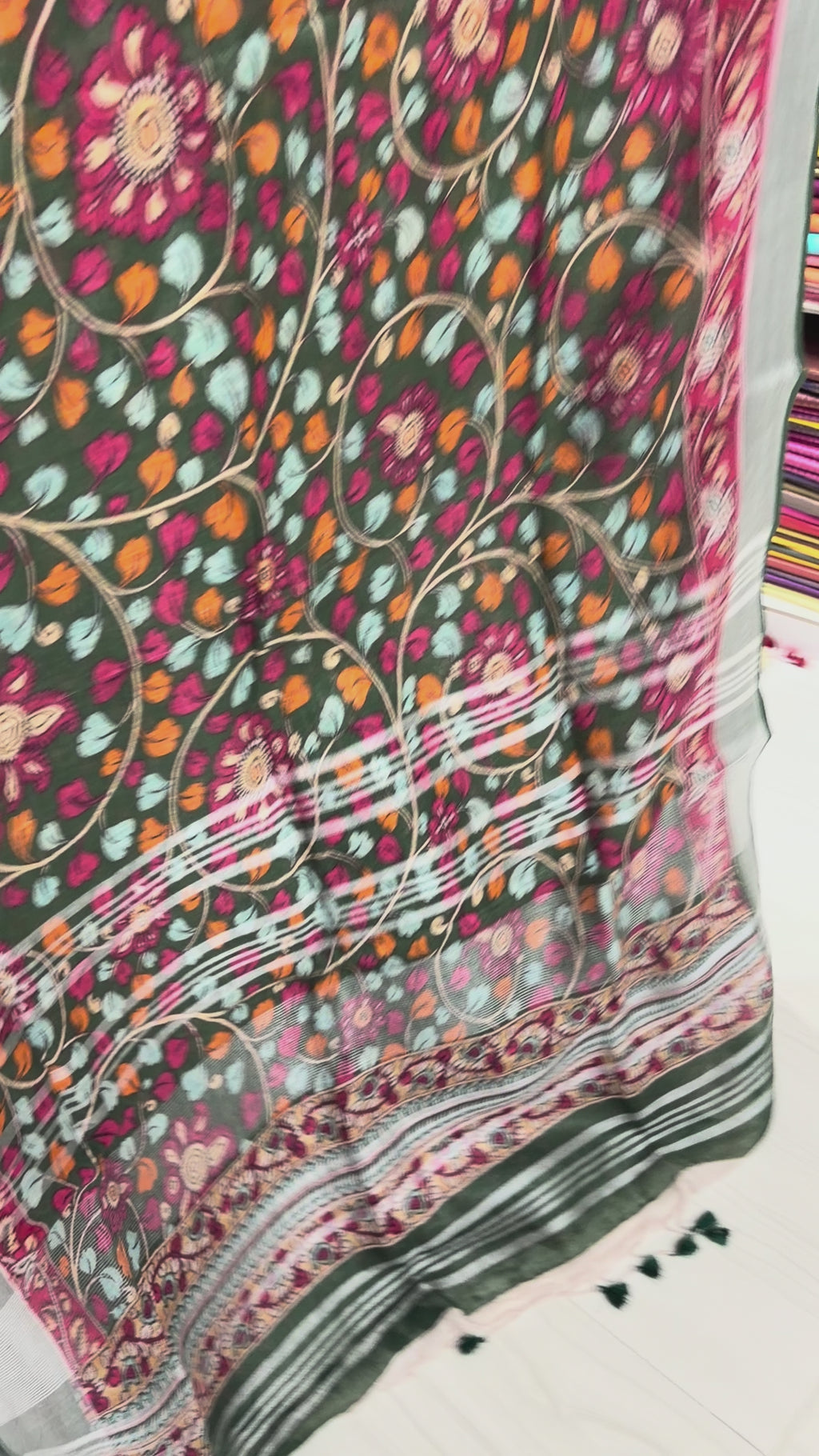 Bottle Green Digital Floral Pen Kalamari Linen Saree