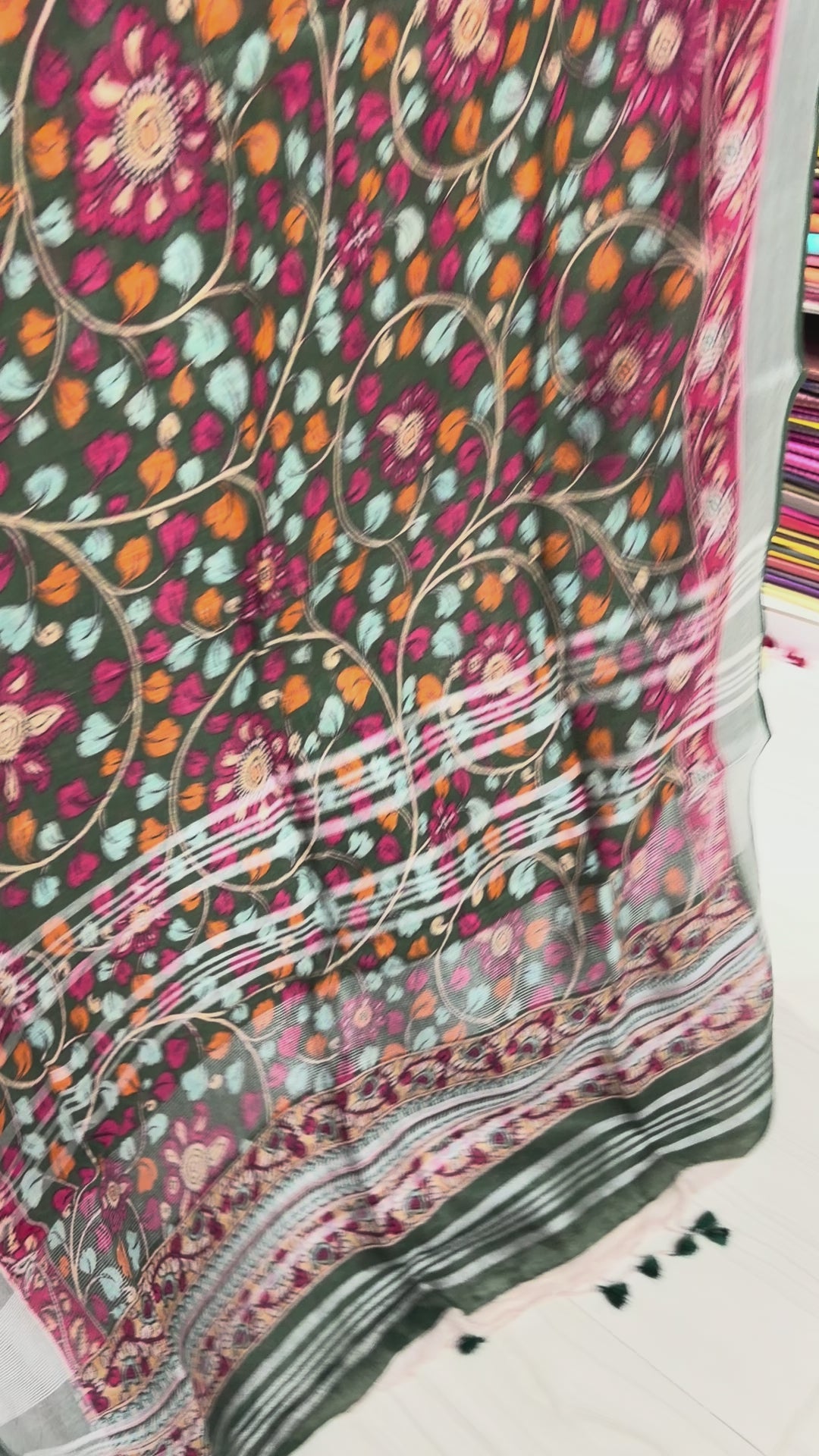 Bottle Green Digital Floral Pen Kalamari Linen Saree