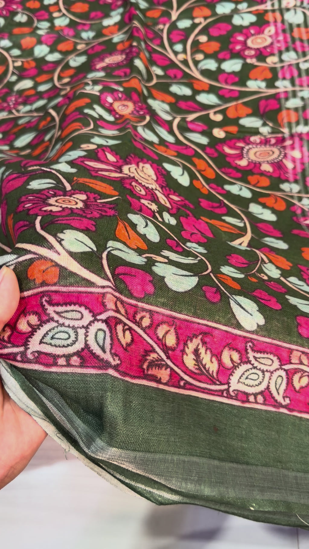 Bottle Green Digital Floral Pen Kalamari Linen Saree