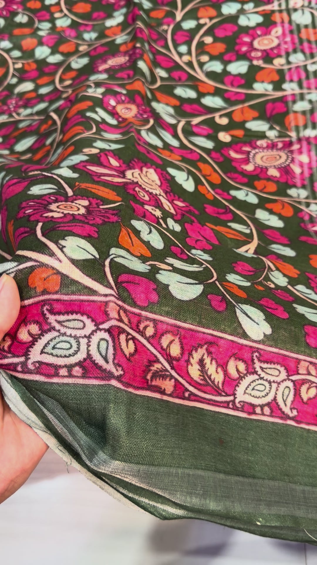 Bottle Green Digital Floral Pen Kalamari Linen Saree