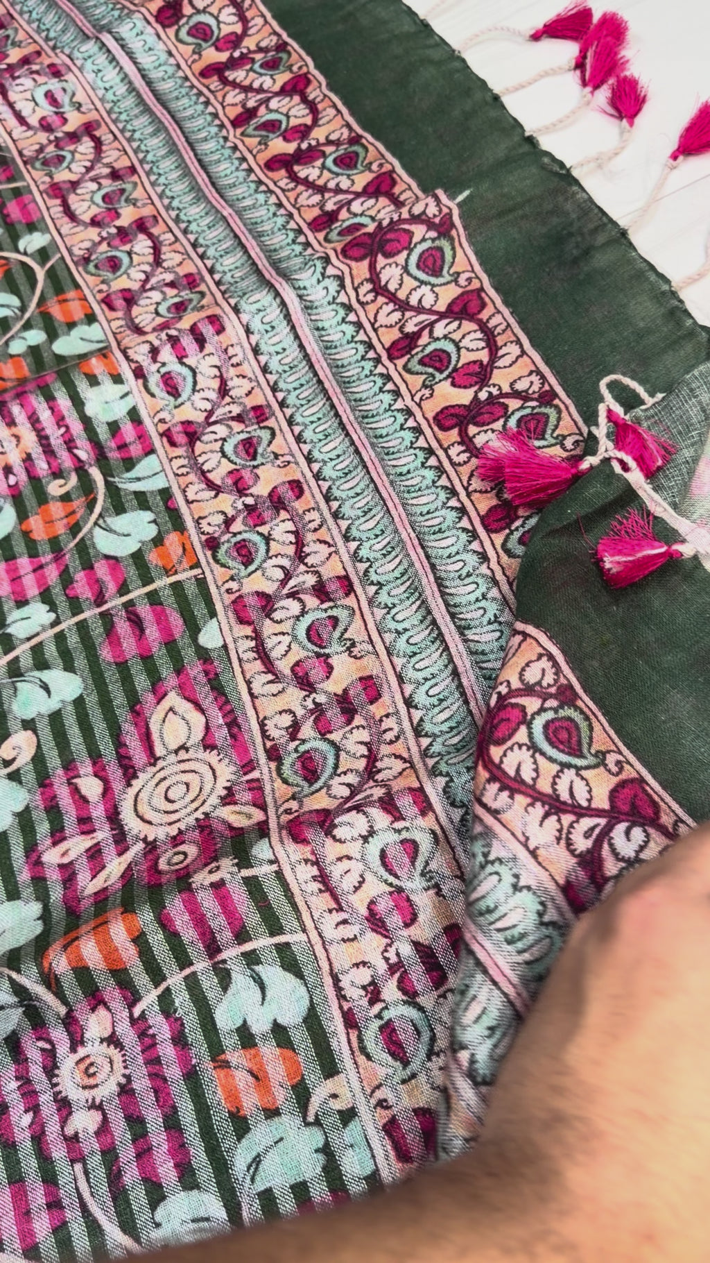 Bottle Green Digital Floral Pen Kalamari Linen Saree