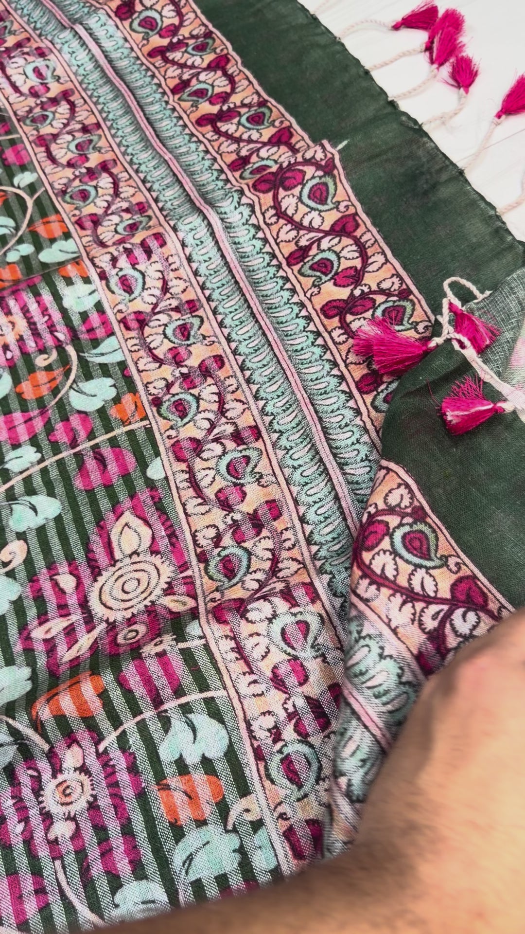 Bottle Green Digital Floral Pen Kalamari Linen Saree