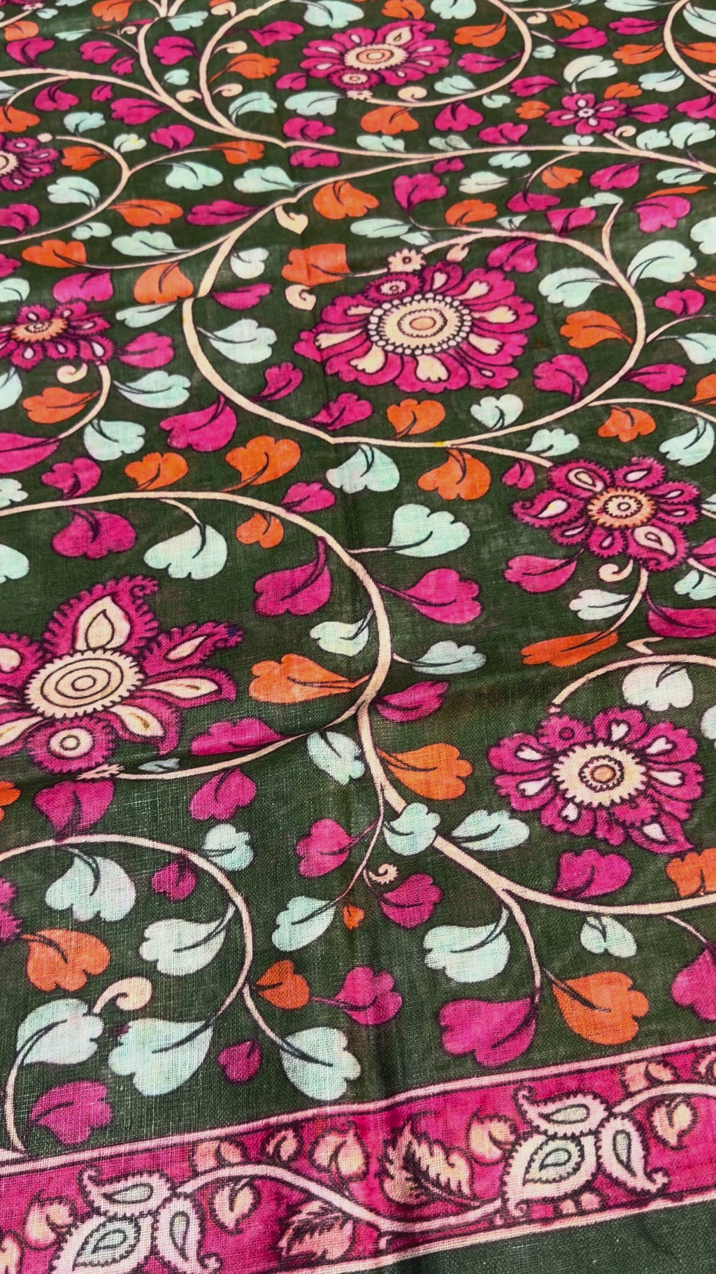 Bottle Green Digital Floral Pen Kalamari Linen Saree