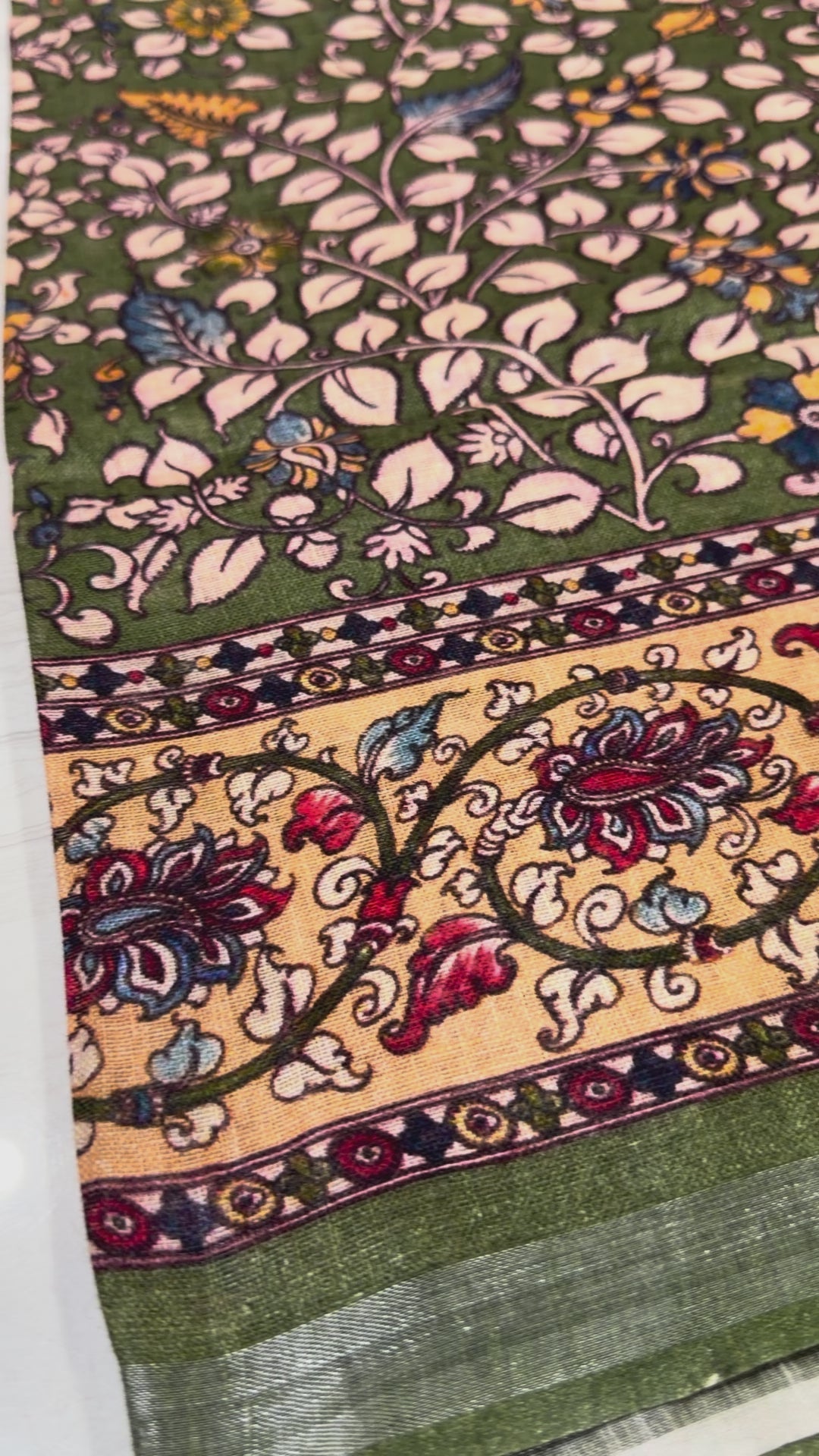 Bhagalpur Mehandi Green Pen Kalamkari with stunning Dark Creme Border