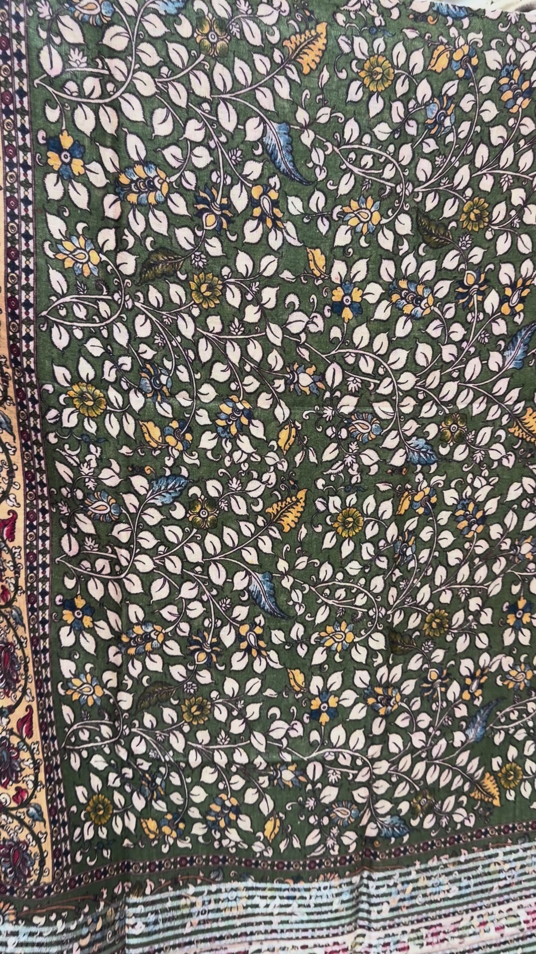 Bhagalpur Mehandi Green Pen Kalamkari with stunning Dark Creme Border