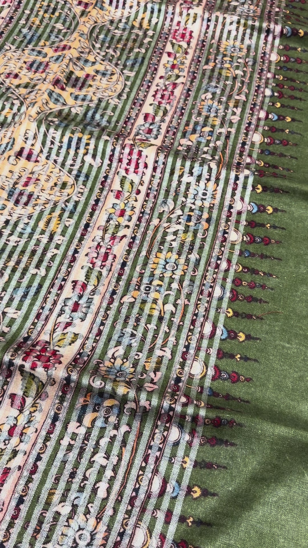 Bhagalpur Mehandi Green Pen Kalamkari with stunning Dark Creme Border