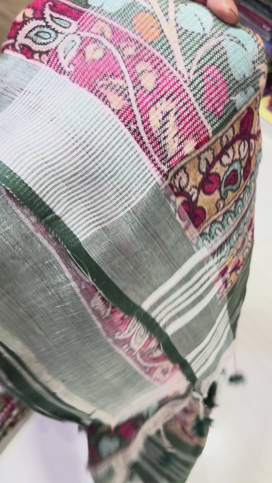 Bottle Green Digital Floral Pen Kalamari Linen Saree